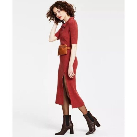 NWT Sam Edelman Dress Size Large Ribbed Collared Midi Sweater $118 Rust Orange - Picture 15 of 16